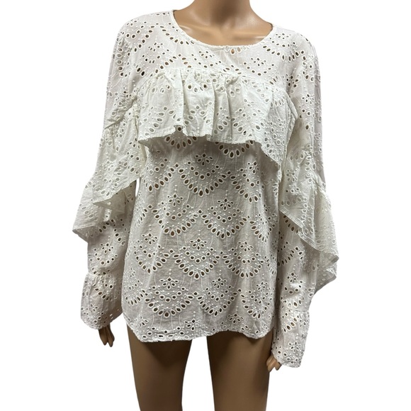 Simply Vera Wang White Eyelet Cotton Ruffle Long Sleeve Keyhole Back Blouse L - Picture 4 of 16